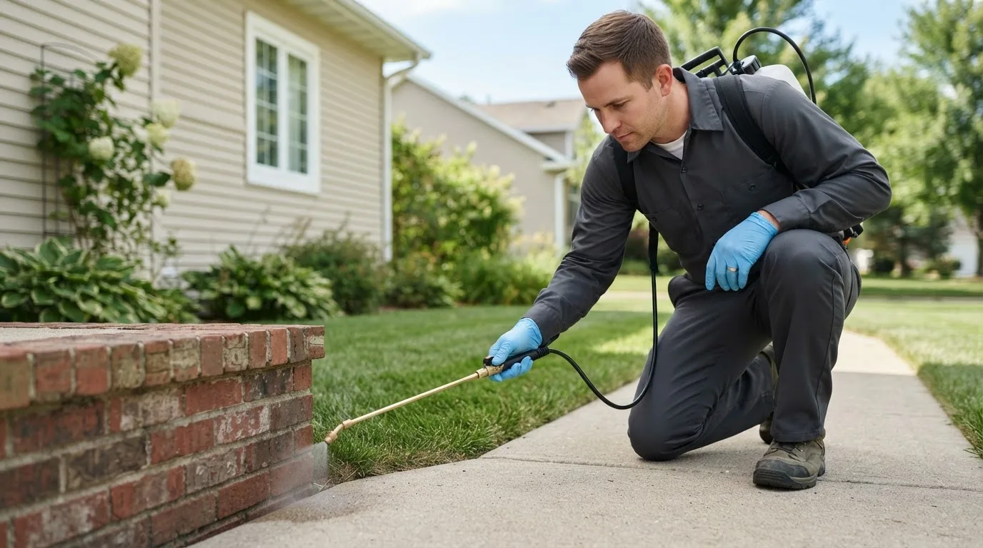 Pest control technician treating a home near Pleasant Lake, IN