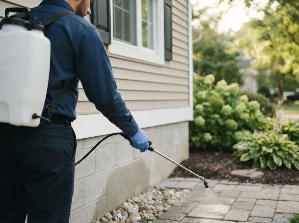 Pest control technician inspecting a home in Pleasant Lake, IN